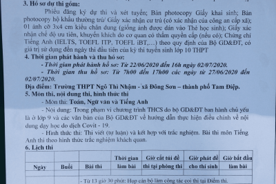 Kế hoạch và lịch thi kì thi tuyển sinh lớp 10 năm học 2020-2021