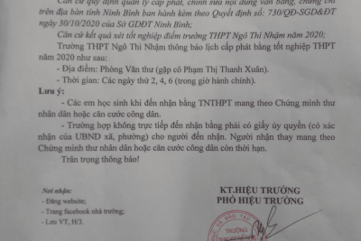 Thông báo cấp phát bằng Tôt nghiệp THPT năm 2020